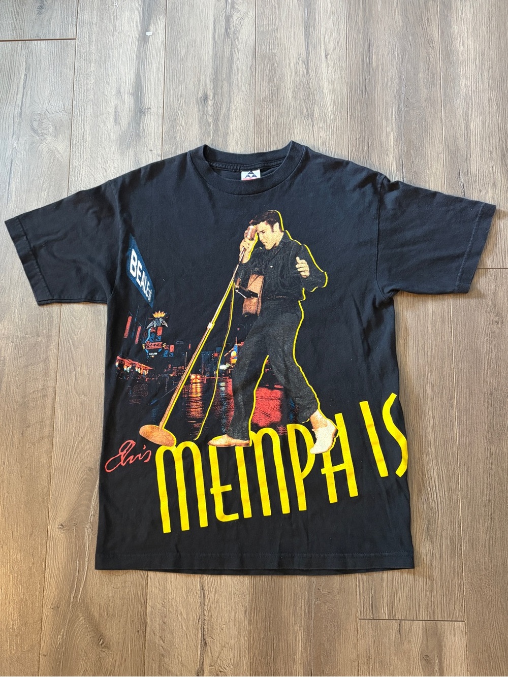 Vintage 1998 Elvis Memphis Graphic Black Short-Sleeve AOP Tour Band T-Shirt
